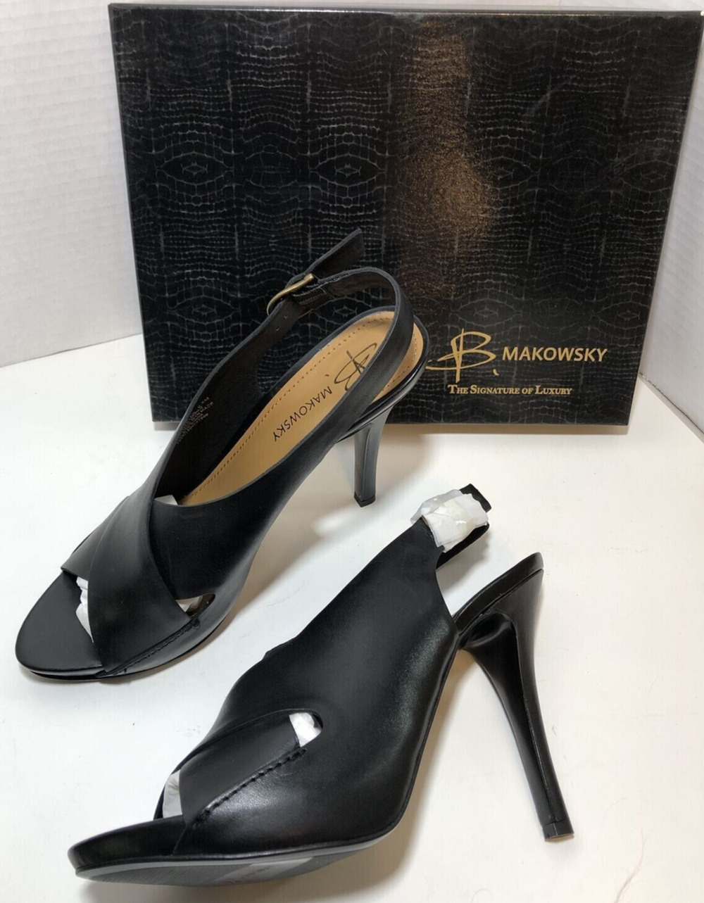 NIB Black Peep Toe HIGH HEELS Sling back Pumps Leather Womens Shoes Sz 9.5m NEW